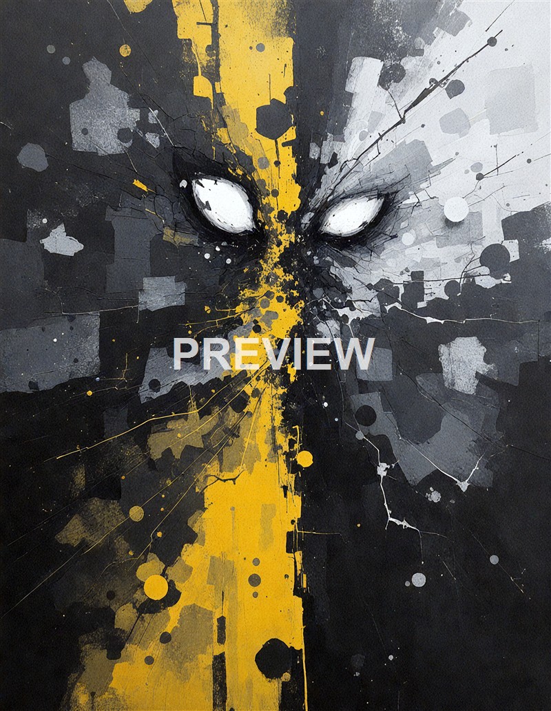 An abstract painting featuring a stylized black and yellow face with piercing white eyes, surrounded by splashes and geometric shapes.